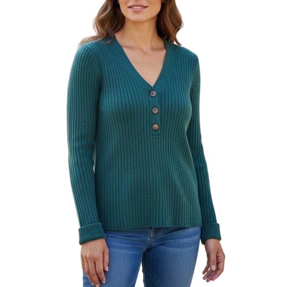 Sundance Ribbed Knit Henley Button Front V Neck Long Sleeve Sweater
